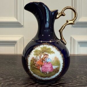 Limoges Castel France Cobalt Blue Porcelain Pitcher Vase Courting Scene